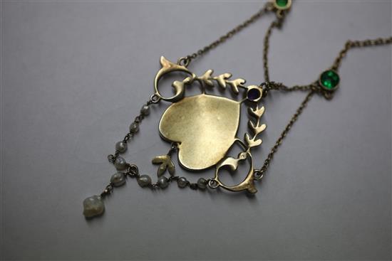 An Edwardian silver gilt, enamel, baroque pearl, marcasite and coloured paste set drop Suffragette pendant, pendant 2in.